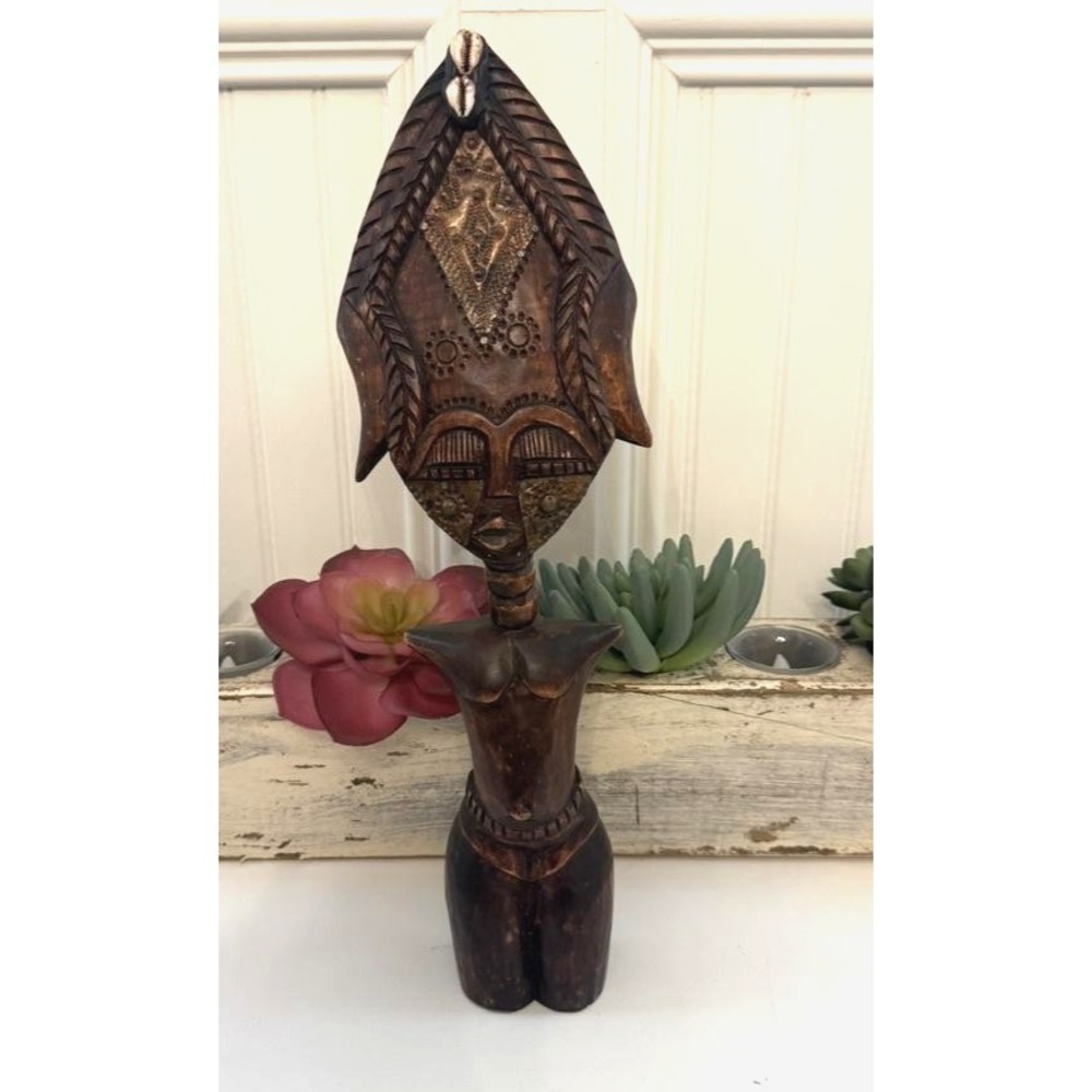 Hand Carved Ghana Akuaba Fertility Doll Wood Sculpture Cowrie Shell Tribal Art